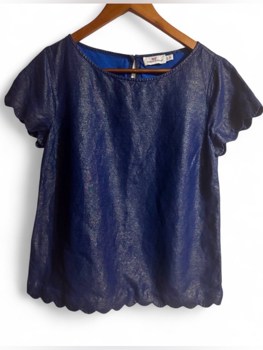 Vineyard Vines Blue Shimmer Metallic Scalloped Hem Blouse - Size Small